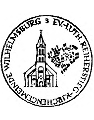 Kirchensiegel der Ev.-Luth. Reiherstieg-Kirchengemeinde Wilhelmsburg zeigt das Kirchengeb&auml;ude der KG, daneben das Emmaus-Herz in der Form, wie es im Buntglasfenster der Kirche dargestellt ist.
